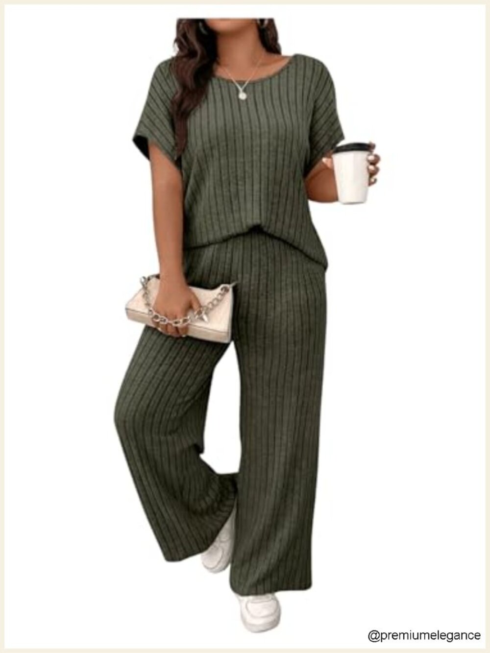 Plus Size 2-Piece Rib Knit Tee & Wide Leg Pants Tracksuit (95% Polyester)